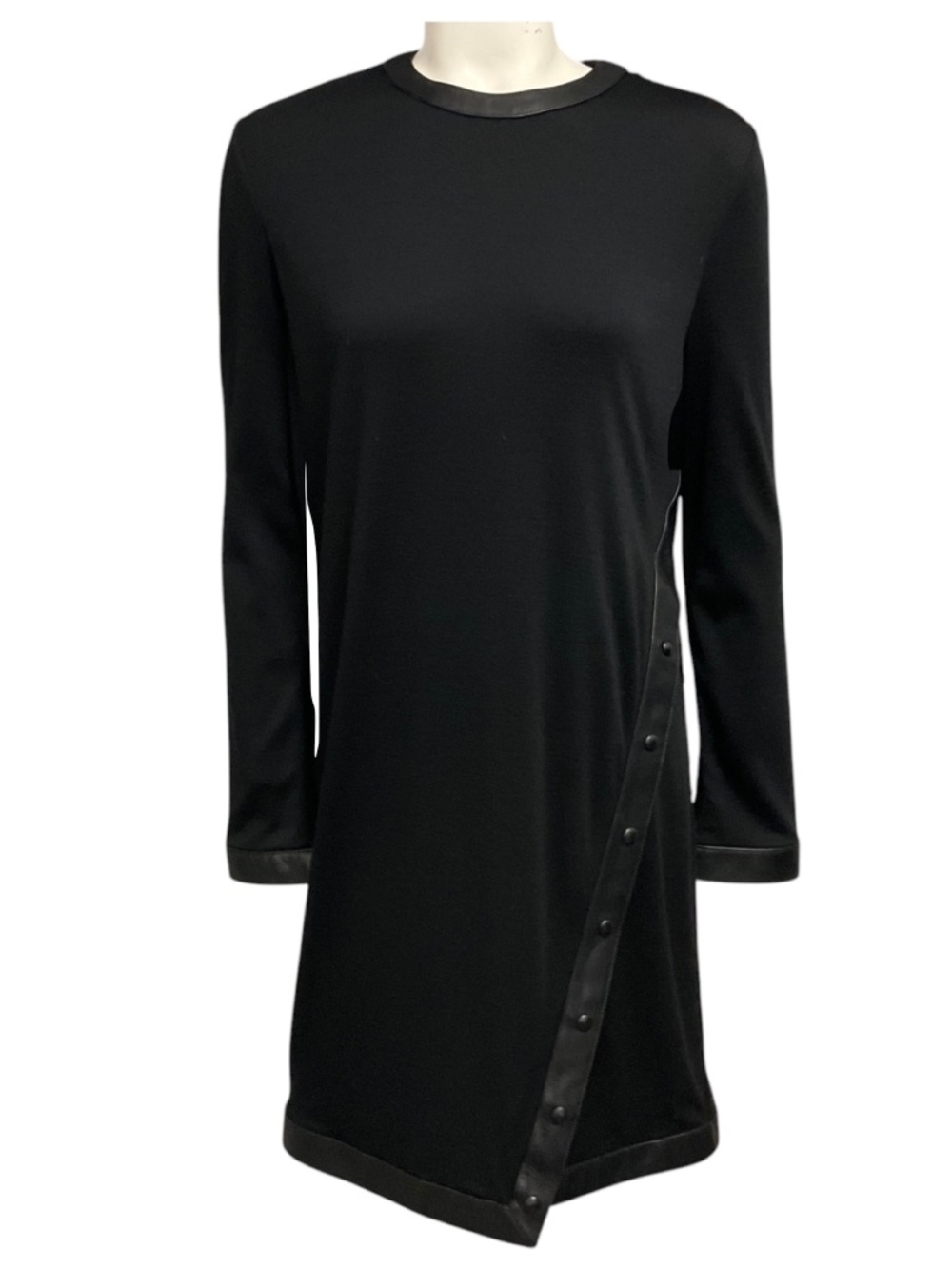 Tom Ford Black Lamb Leather Trimmed Long Sleeved Wool Stretch Midi Dress